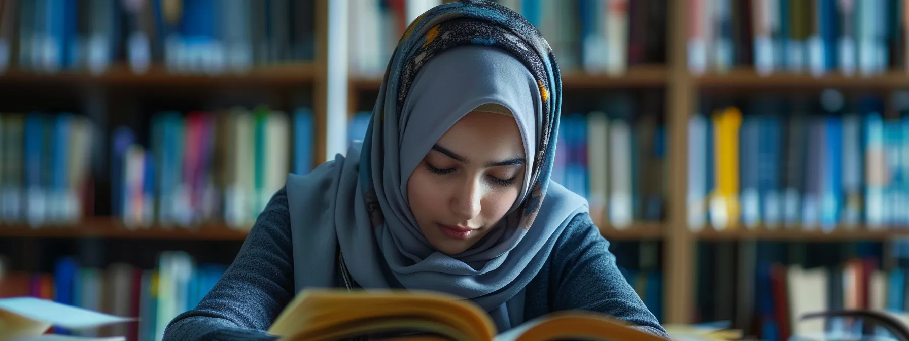 فتاة عربية تتعلم بواسطة تقنيات الذكاء الاصطناعي في مكتب مشرق ومليء بالكتب.